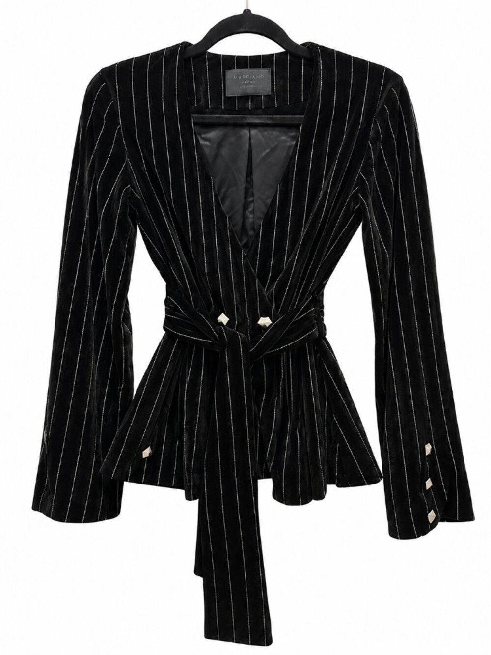 Philipp Plein Striped Belted V-Neck Velvet Blouse Black S